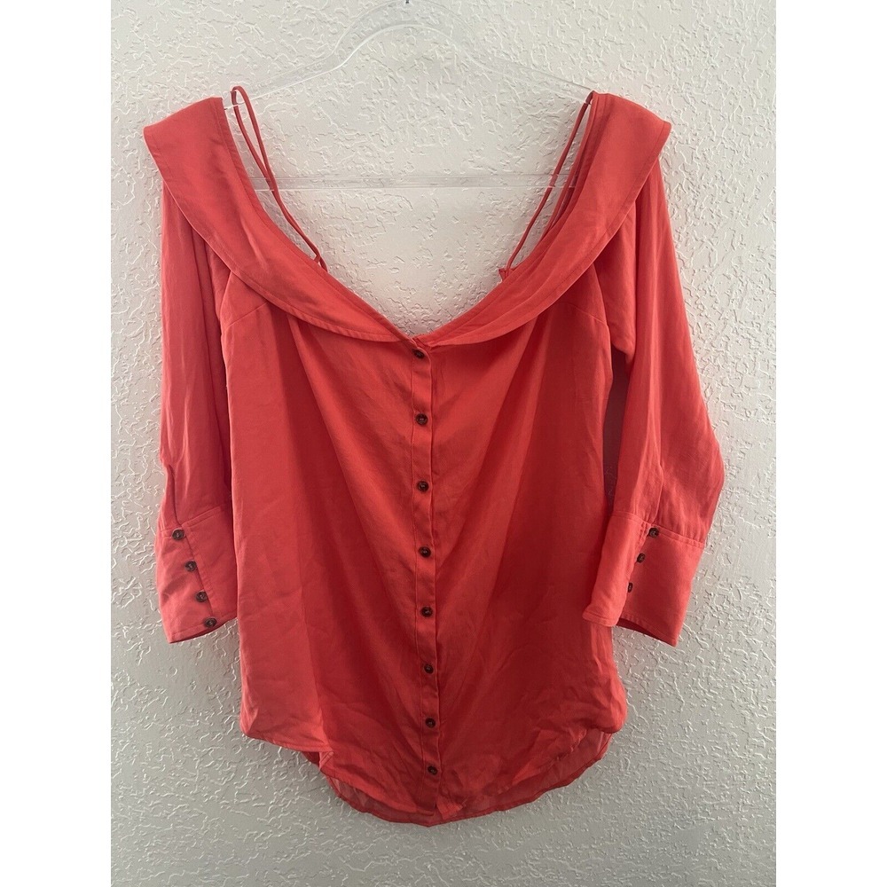 Free People M Coral Off Shoulder Coral Blouse Bell Sleeves Button Detail